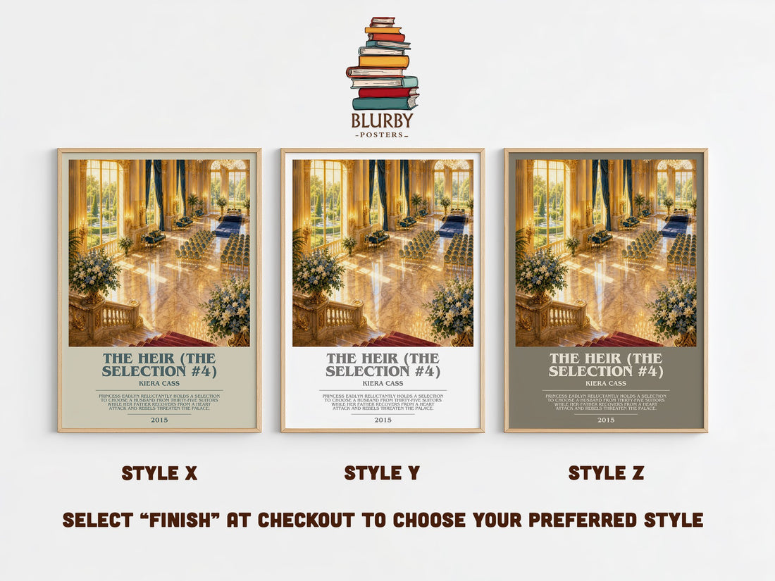 The Heir (The Selection #4) bookish print in frame leaning in hallway – young adult wall art (mockup)