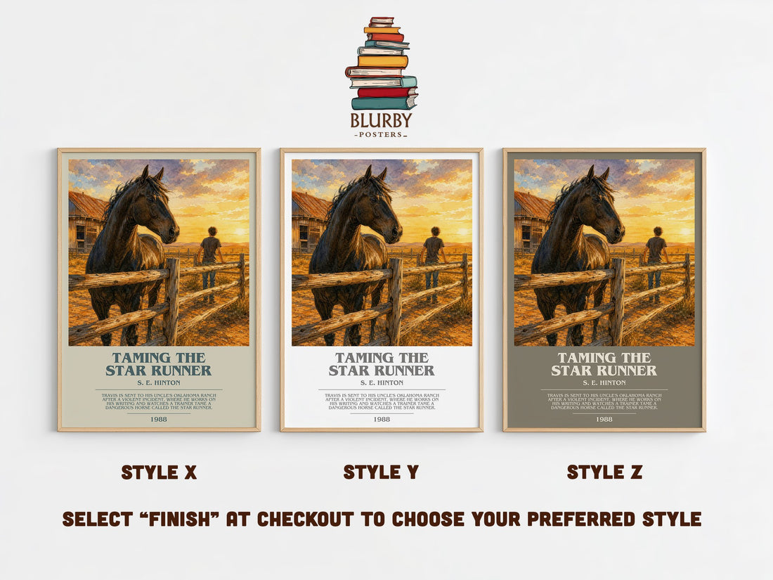 Taming the Star Runner bookish print in frame leaning in hallway – young adult wall art (mockup)