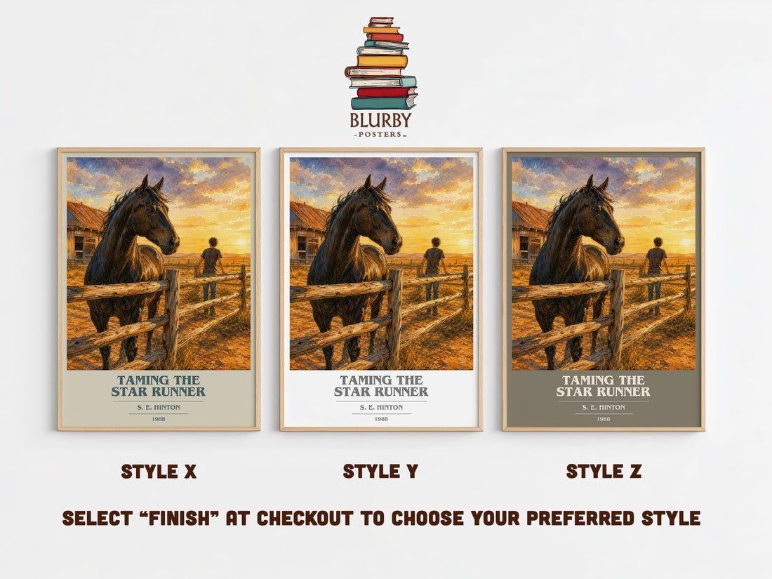 Taming the Star Runner book cover print in frame leaning in hallway – young adult wall art (mockup)