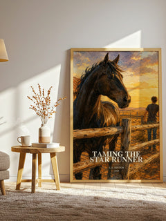 Taming the Star Runner watercolour print in frame leaning in hallway – young adult wall art