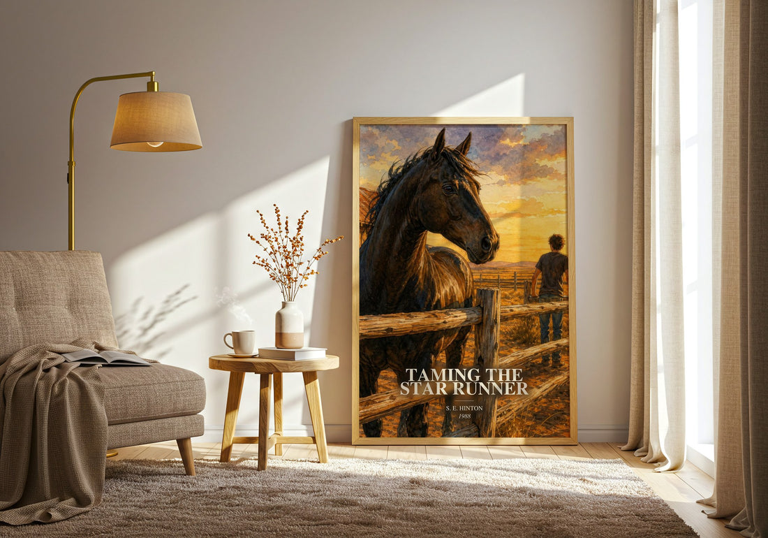 Taming the Star Runner watercolour print in frame leaning in hallway – young adult wall art