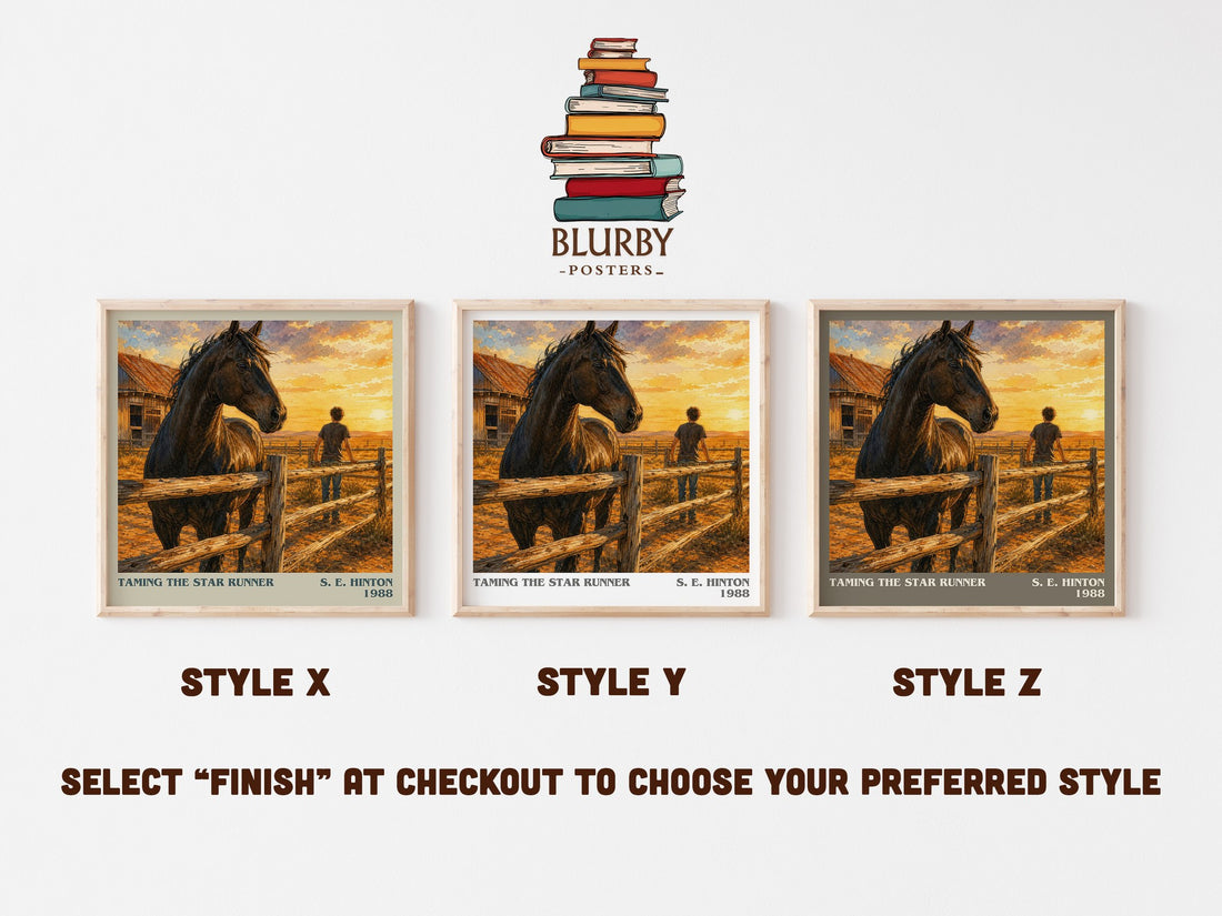 Taming the Star Runner literary print in frame leaning in hallway – young adult wall art (mockup)