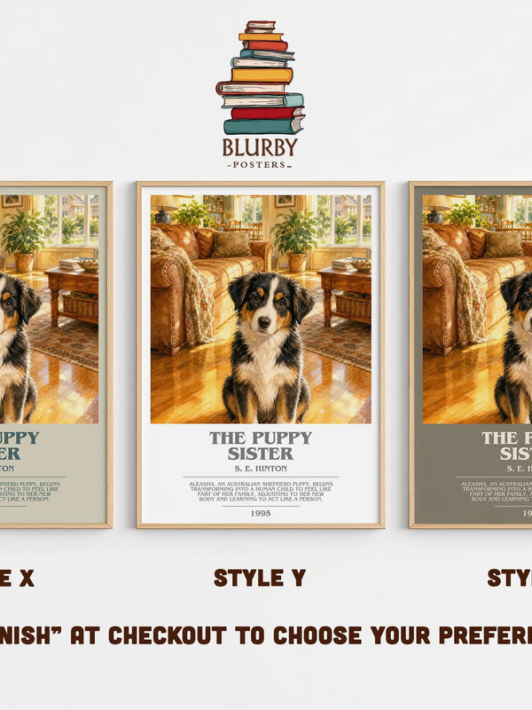 The Puppy Sister bookish print in frame leaning in hallway – childrens wall art