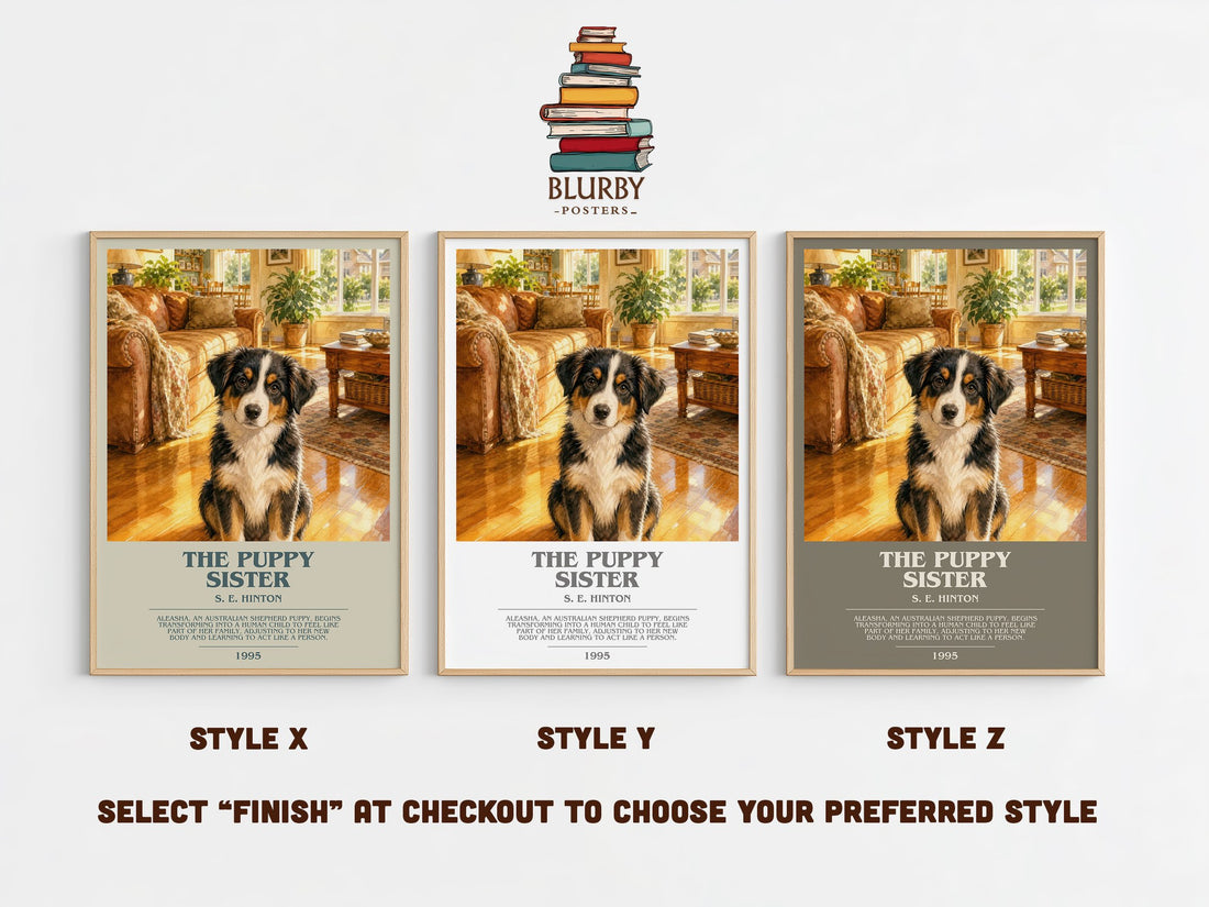 The Puppy Sister bookish print in frame leaning in hallway – childrens wall art (mockup)