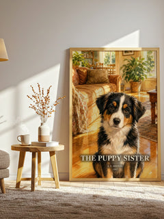 The Puppy Sister watercolour print in frame leaning in hallway – childrens wall art