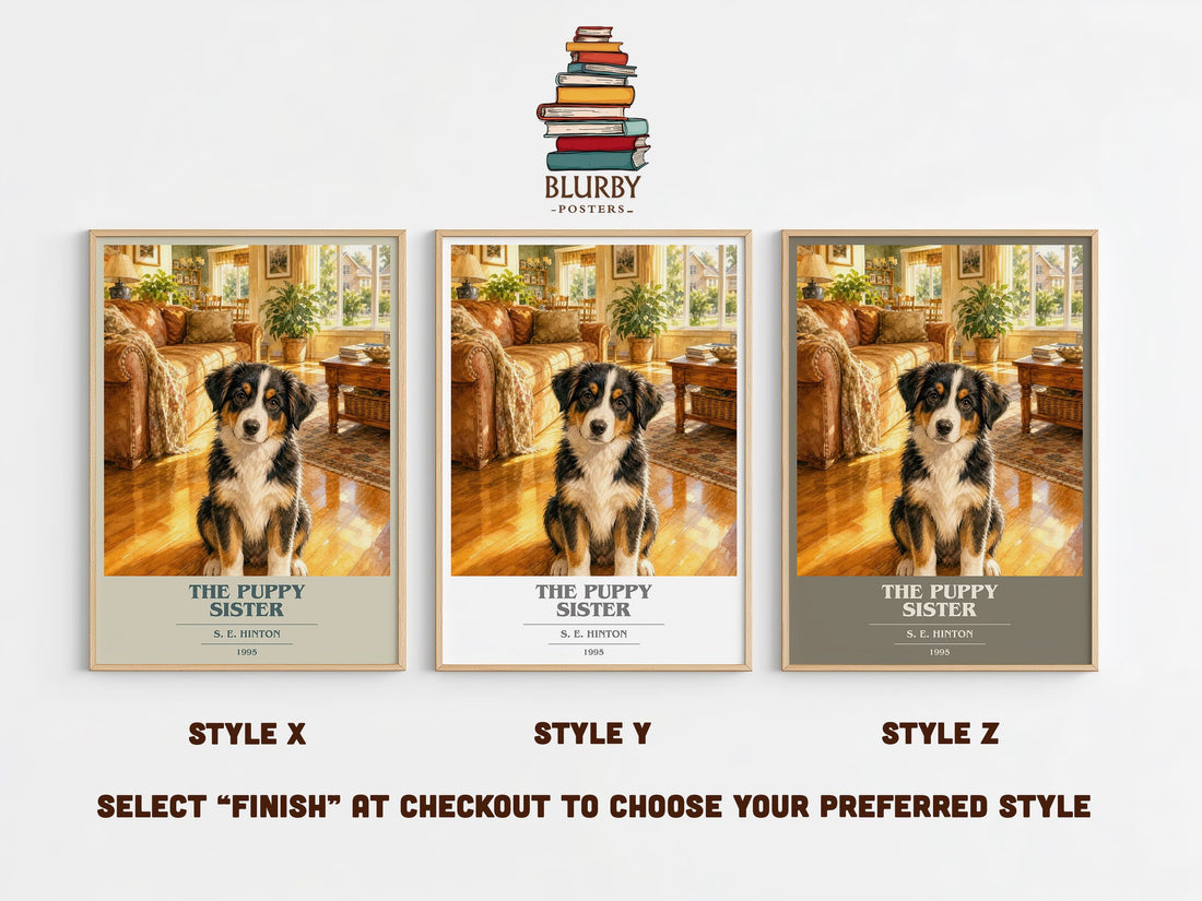 The Puppy Sister book cover print in frame leaning in hallway – childrens wall art (mockup)