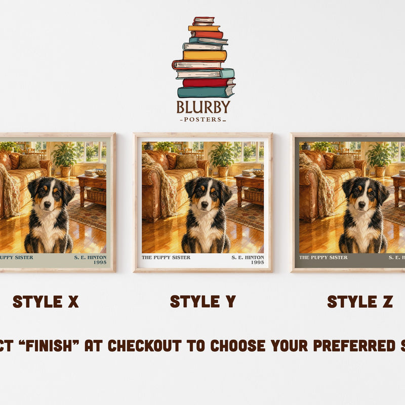 The Puppy Sister literary print in frame leaning in hallway – childrens wall art