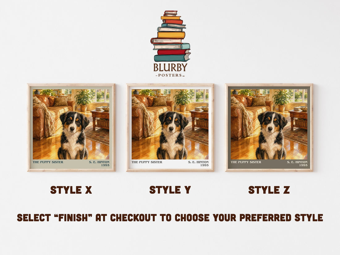 The Puppy Sister literary print in frame leaning in hallway – childrens wall art (mockup)