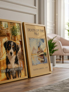 The Puppy Sister watercolour print framed by window – literary home decor