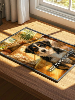 The Puppy Sister watercolour book poster framed on wall – childrens wall art