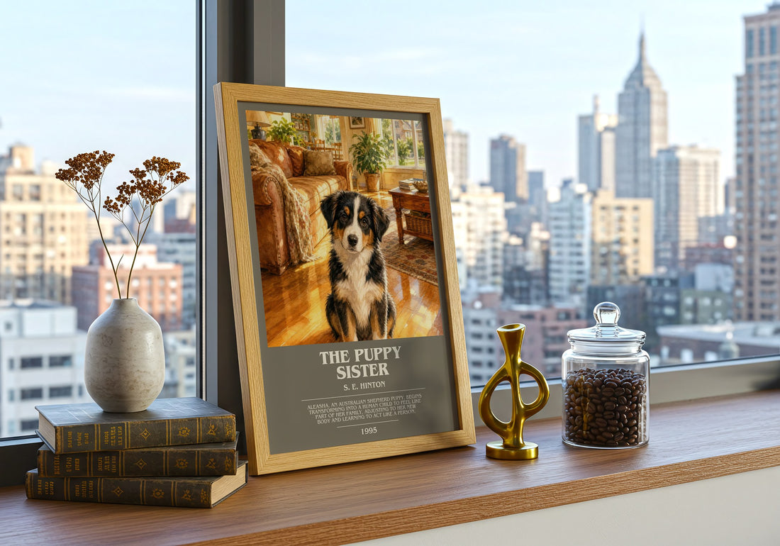 The Puppy Sister bookish print framed by window – literary home decor