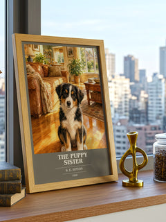 The Puppy Sister book cover print framed by window – literary home decor
