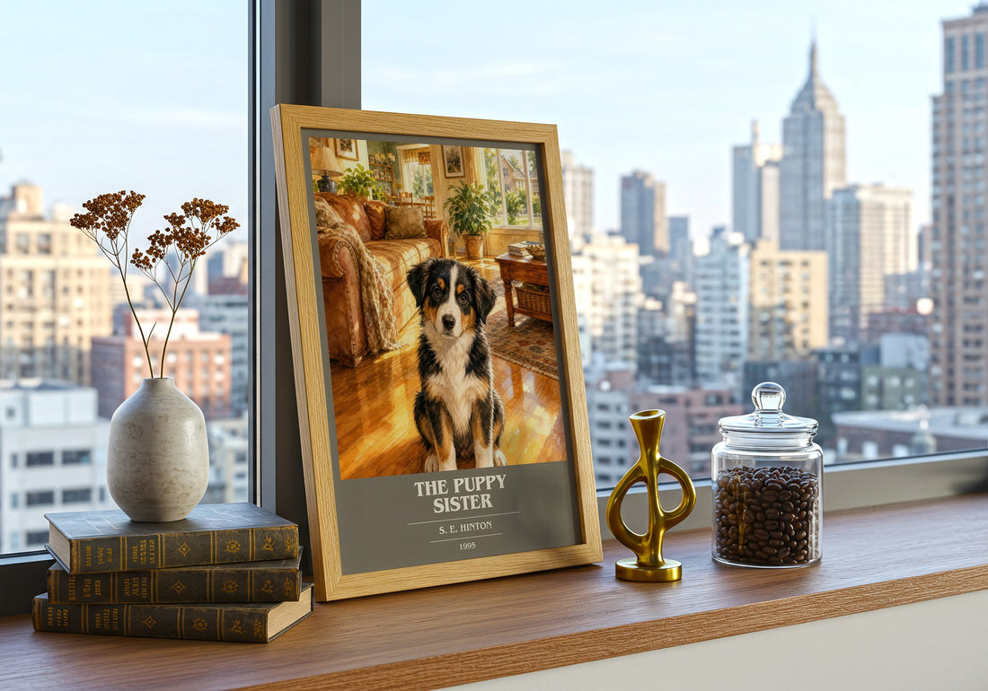 The Puppy Sister book cover print framed by window – literary home decor