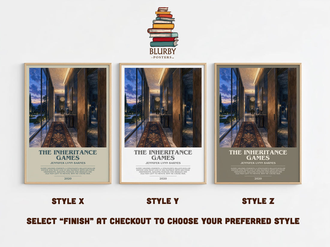The Inheritance Games bookish print in frame leaning in hallway – young adult wall art (mockup)