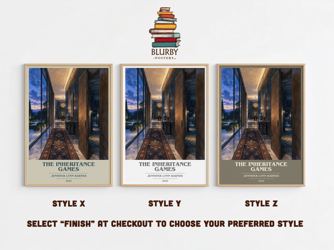 The Inheritance Games book cover print in frame leaning in hallway – young adult wall art (mockup)