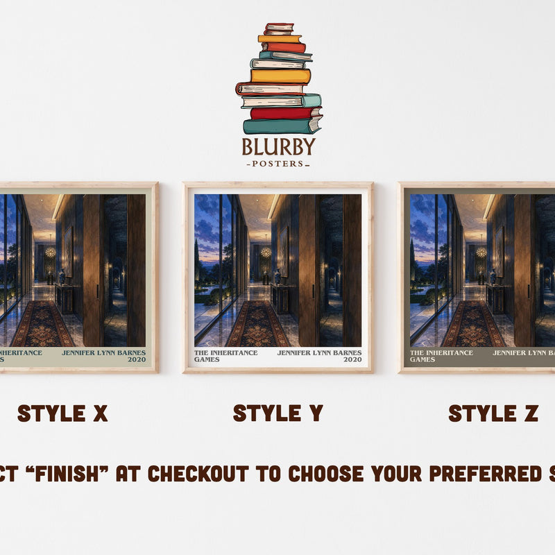 The Inheritance Games literary print in frame leaning in hallway – young adult wall art