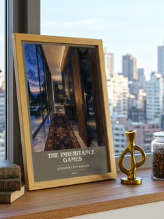 The Inheritance Games book cover print framed by window – literary home decor