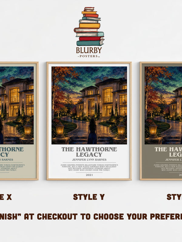 The Hawthorne Legacy bookish print in frame leaning in hallway – young adult wall art