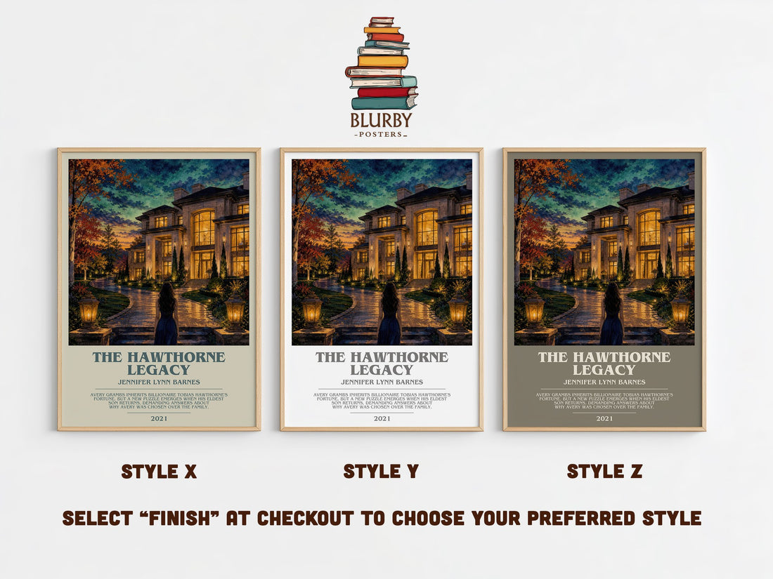 The Hawthorne Legacy bookish print in frame leaning in hallway – young adult wall art (mockup)