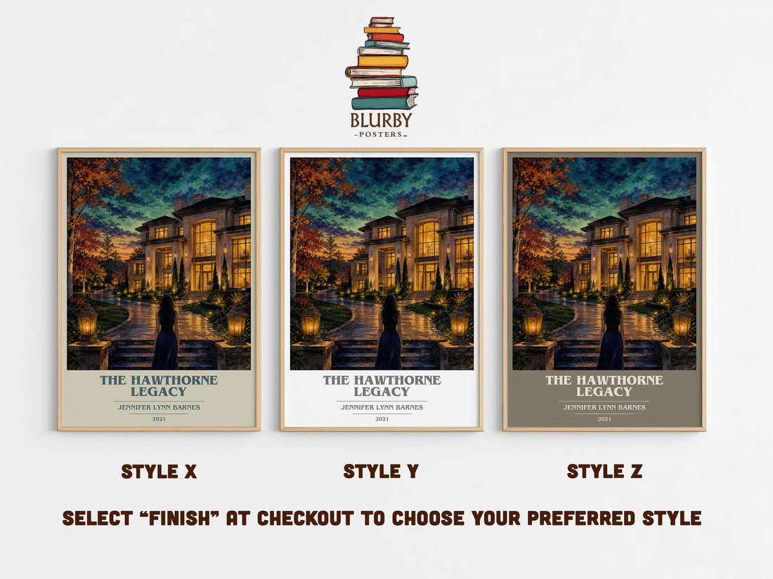 The Hawthorne Legacy book cover print in frame leaning in hallway – young adult wall art (mockup)