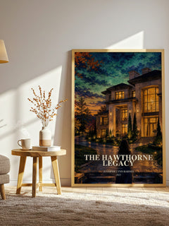 The Hawthorne Legacy watercolour print in frame leaning in hallway – young adult wall art