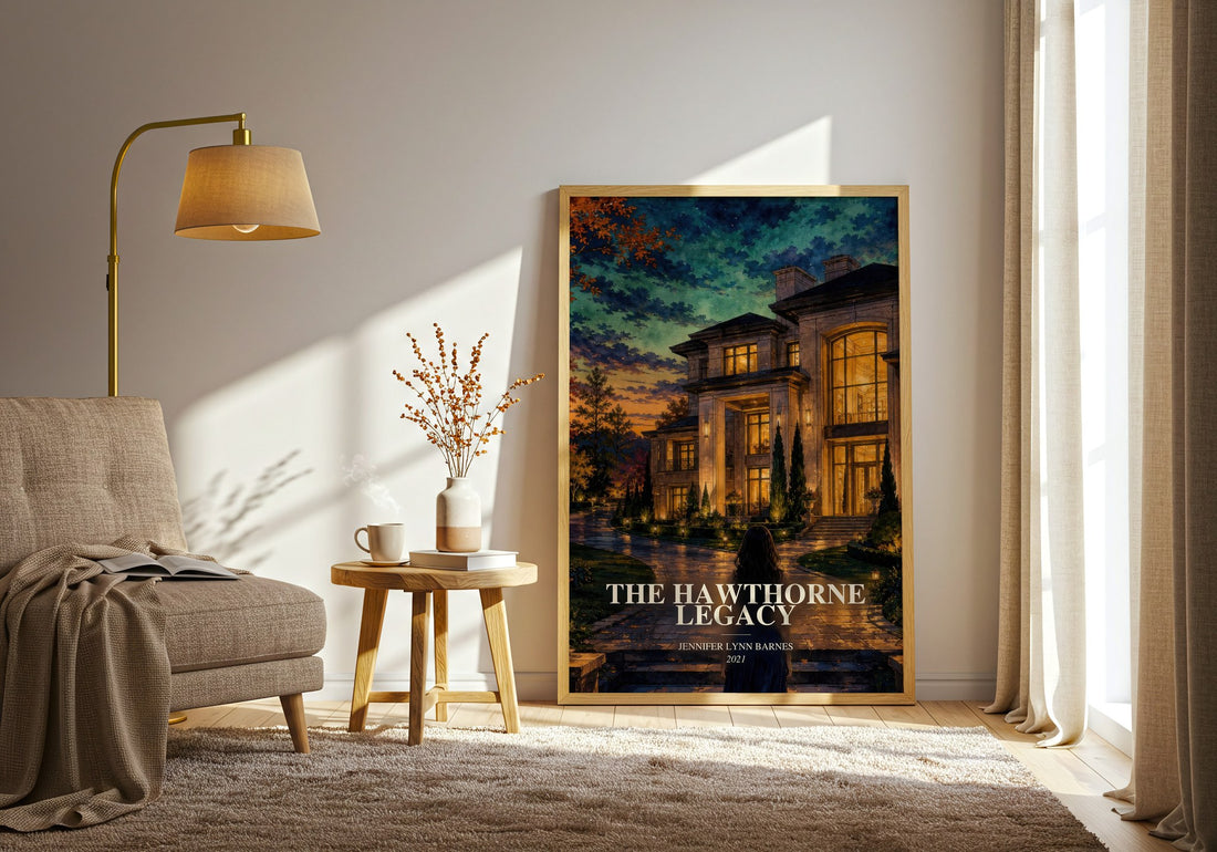 The Hawthorne Legacy watercolour print in frame leaning in hallway – young adult wall art