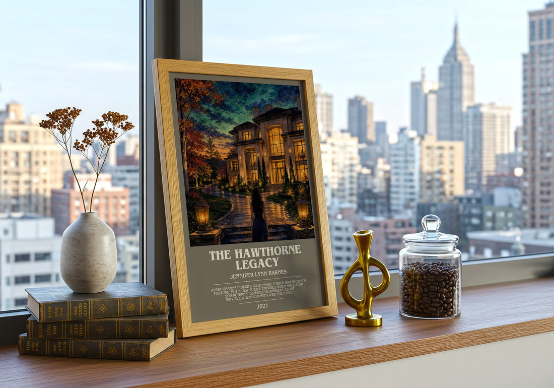 The Hawthorne Legacy bookish print framed by window – literary home decor