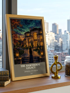 The Hawthorne Legacy book cover print framed by window – literary home decor