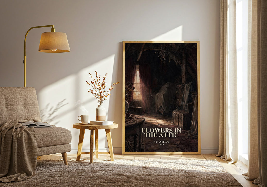 Flowers in the Attic watercolour print in frame leaning in hallway – gothic wall art