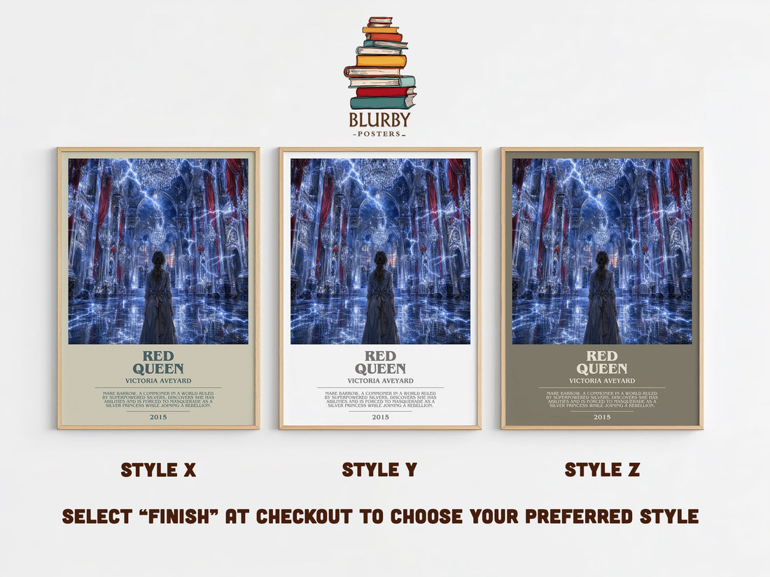 Red Queen bookish print in frame leaning in hallway – dystopian wall art (mockup)