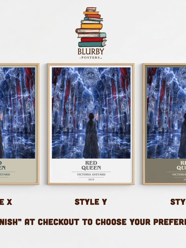 Red Queen book cover print in frame leaning in hallway – dystopian wall art