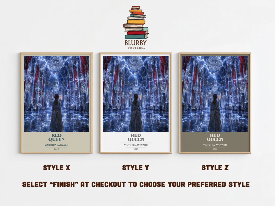 Red Queen book cover print in frame leaning in hallway – dystopian wall art (mockup)