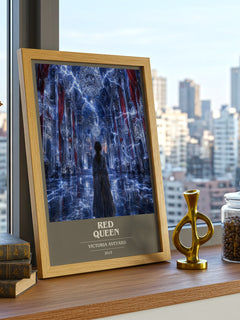 Red Queen book cover print framed by window – literary home decor