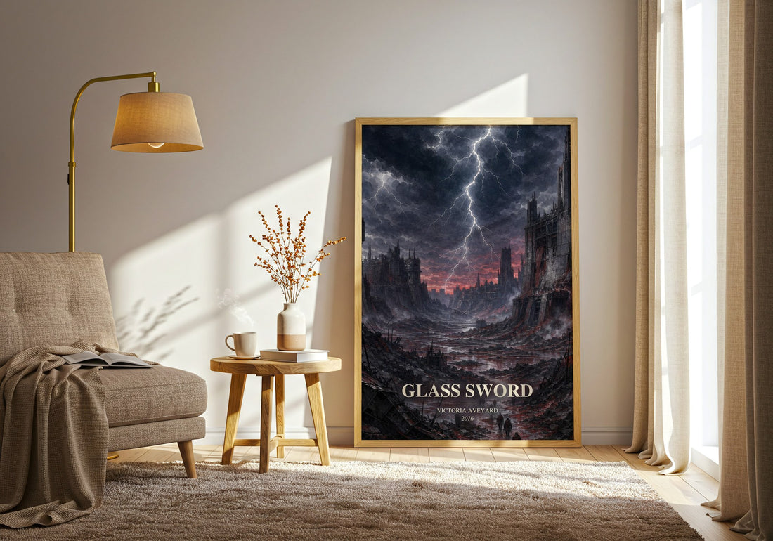 Glass Sword watercolour print in frame leaning in hallway – dystopian wall art