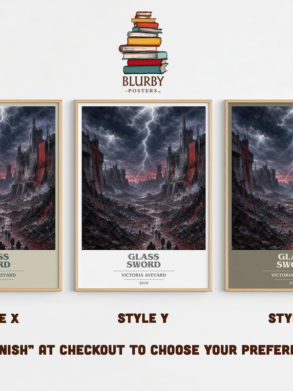 Glass Sword book cover print in frame leaning in hallway – dystopian wall art
