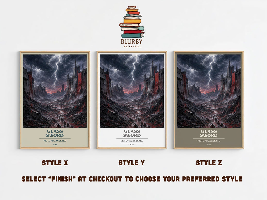 Glass Sword book cover print in frame leaning in hallway – dystopian wall art (mockup)