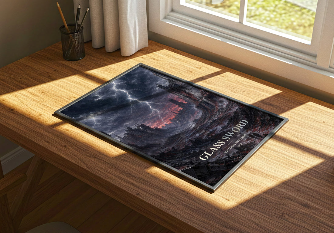 Glass Sword watercolour book poster framed on wall – dystopian wall art