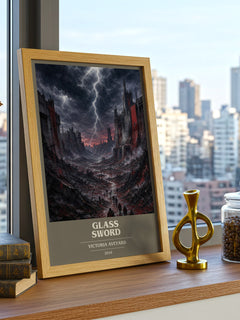 Glass Sword book cover print framed by window – literary home decor