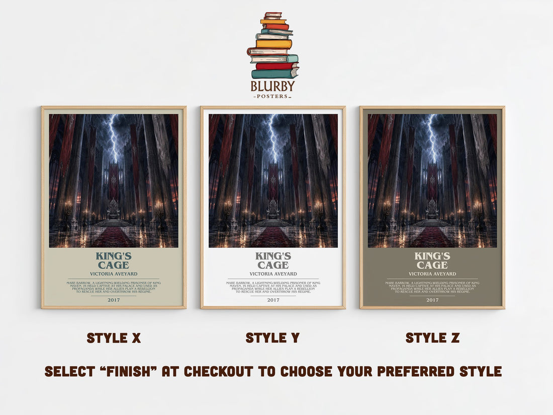King's Cage bookish print in frame leaning in hallway – young adult wall art (mockup)