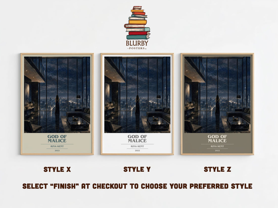 God of Malice book cover print in frame leaning in hallway – romance wall art (mockup)