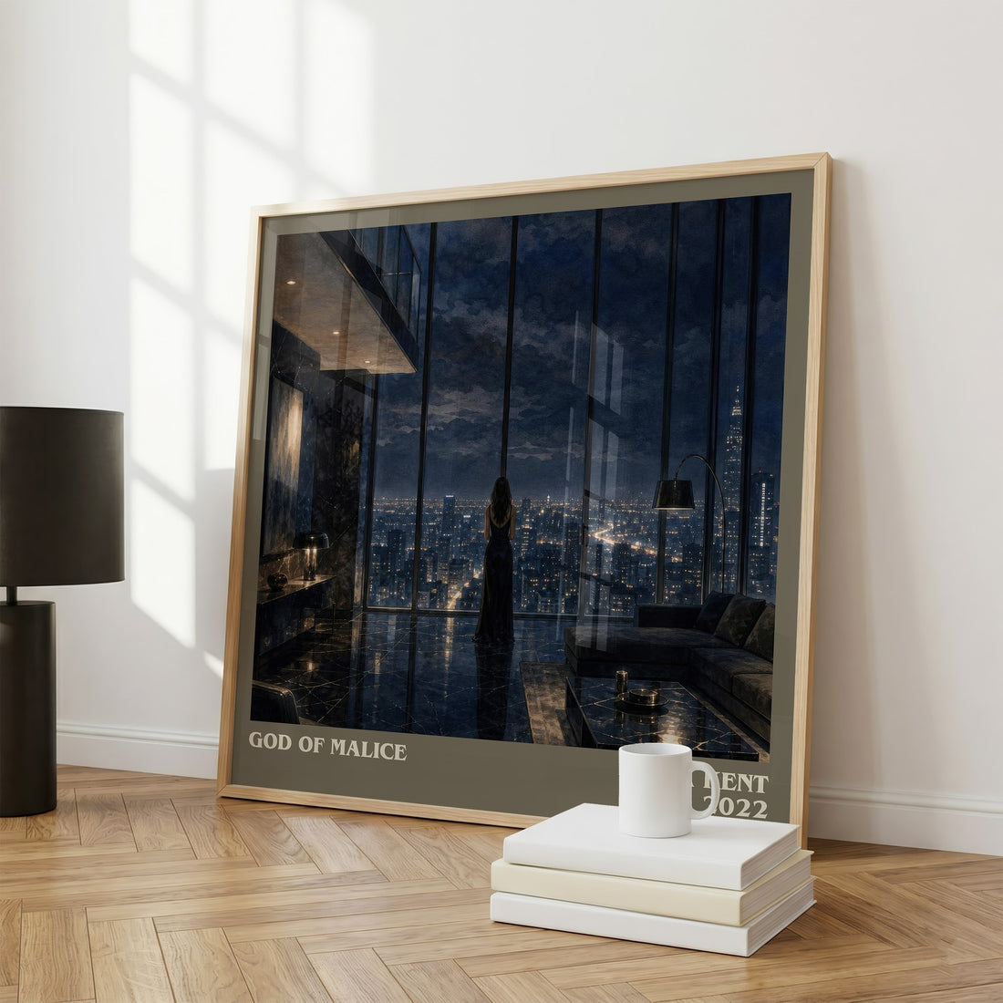 God of Malice literary print framed by window – literary home decor