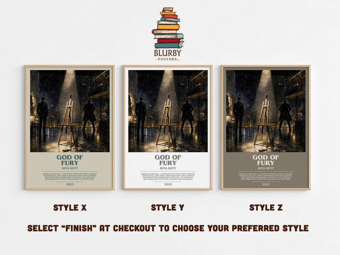 God of Fury bookish print in frame leaning in hallway – romance wall art (mockup)