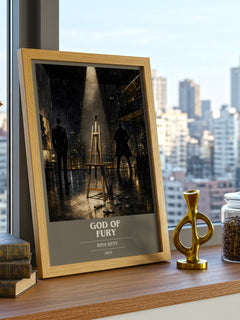 God of Fury book cover print framed by window – literary home decor