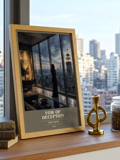 Vow of Deception book cover print framed by window – literary home decor