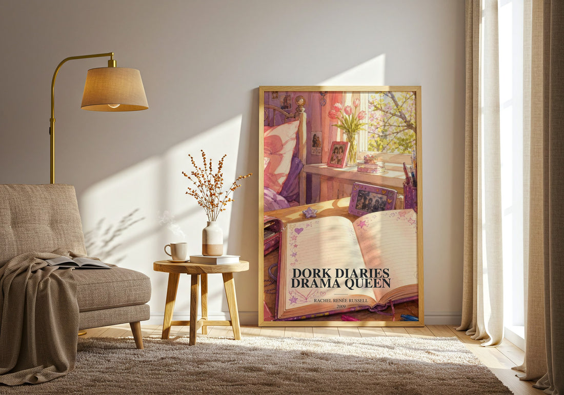Dork Diaries Drama Queen watercolour print in frame leaning in hallway – childrens wall art