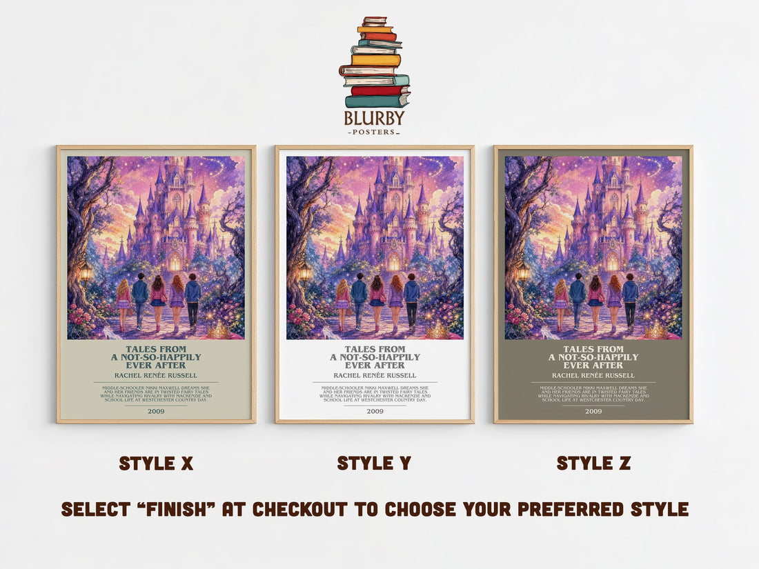 Tales from a Not-So-Happily Ever After bookish print in frame leaning in hallway – childrens wall art (mockup)