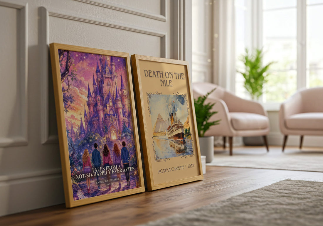 Tales from a Not-So-Happily Ever After watercolour print framed by window – literary home decor