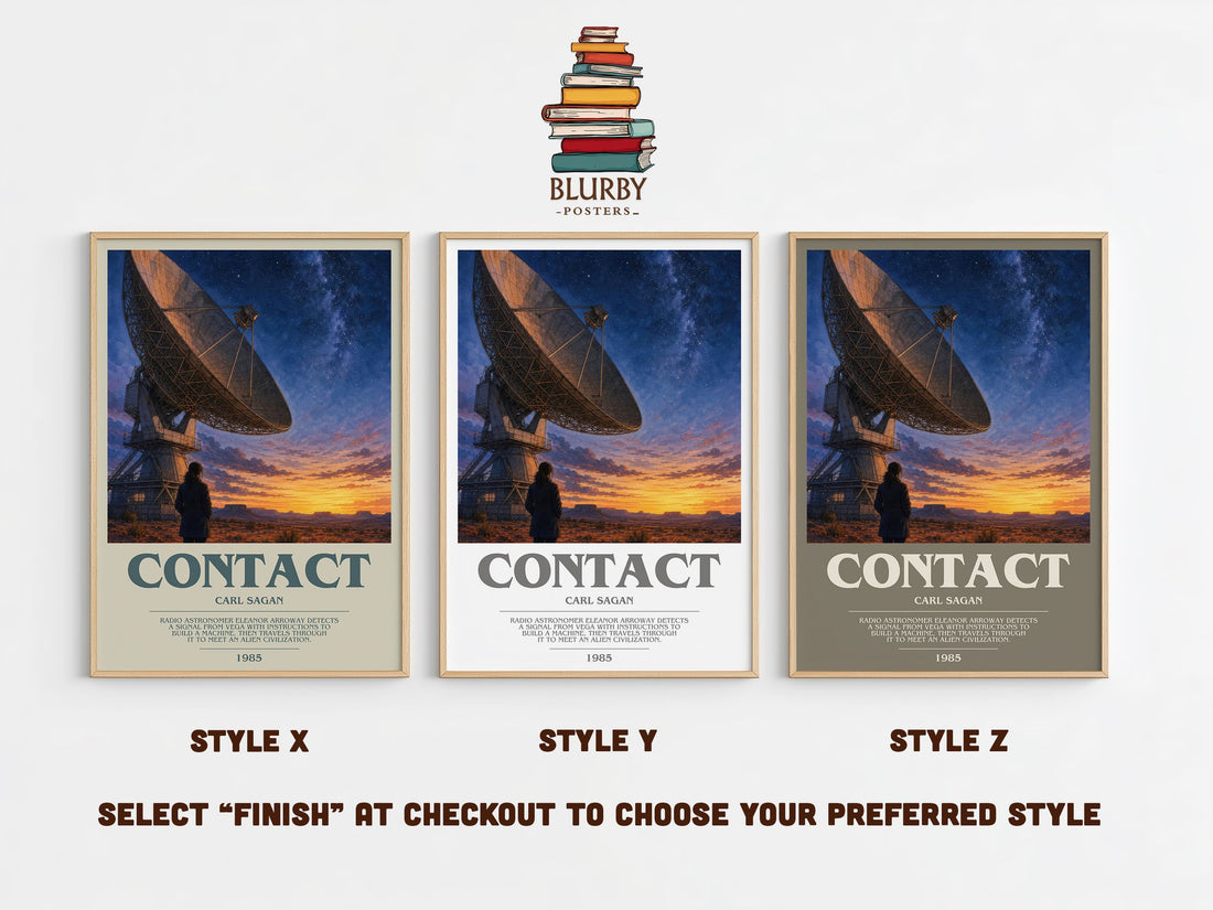 Contact bookish print in frame leaning in hallway – sci fi wall art (mockup)