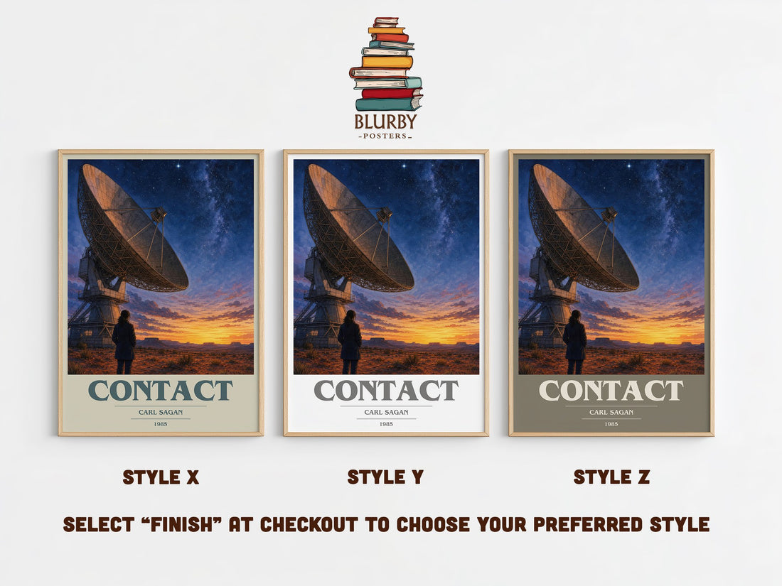 Contact book cover print in frame leaning in hallway – sci fi wall art (mockup)