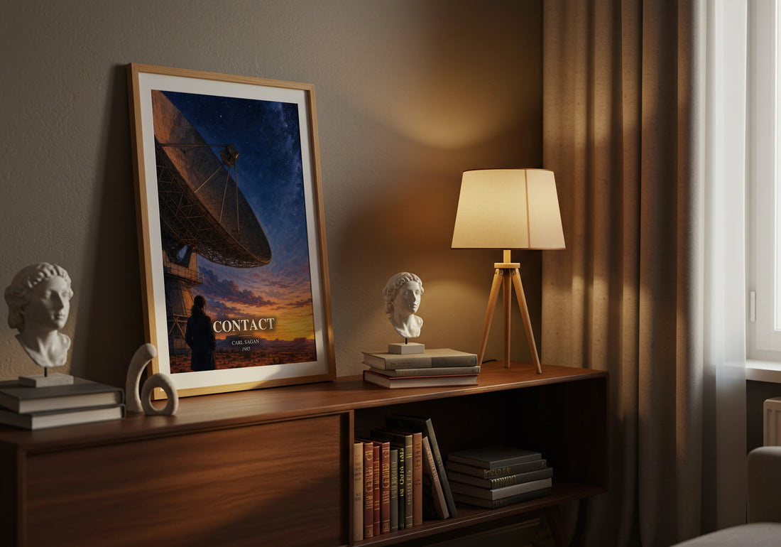 Contact watercolour print on bookshelf – Carl Sagan fan gift
